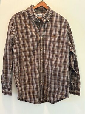 Carhartt Men's Brown and Cream Plaid Button-Down Shirt